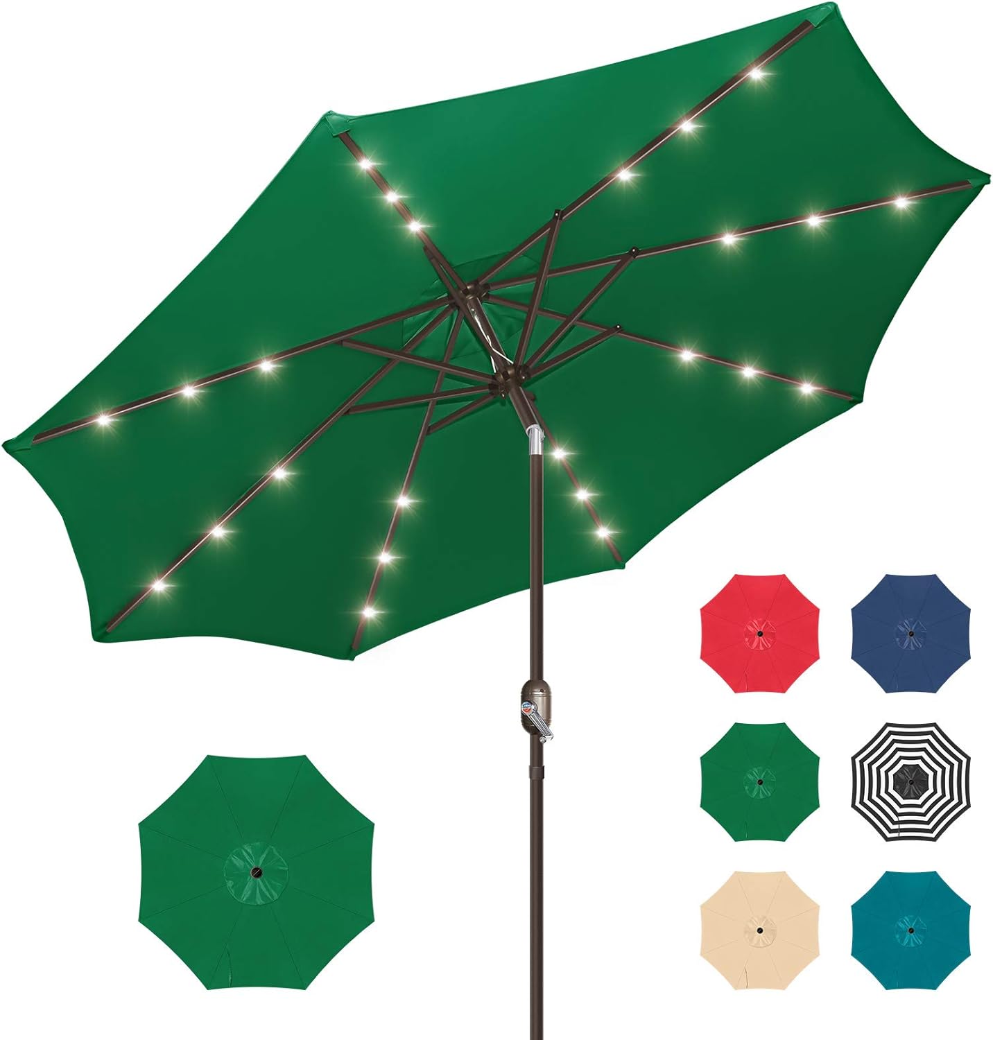 Patio Umbrella with Solar Lights, 9ft, 24 LED, Grass Green, Outdoor Umbrella with Push Bottom Tilt & Crank