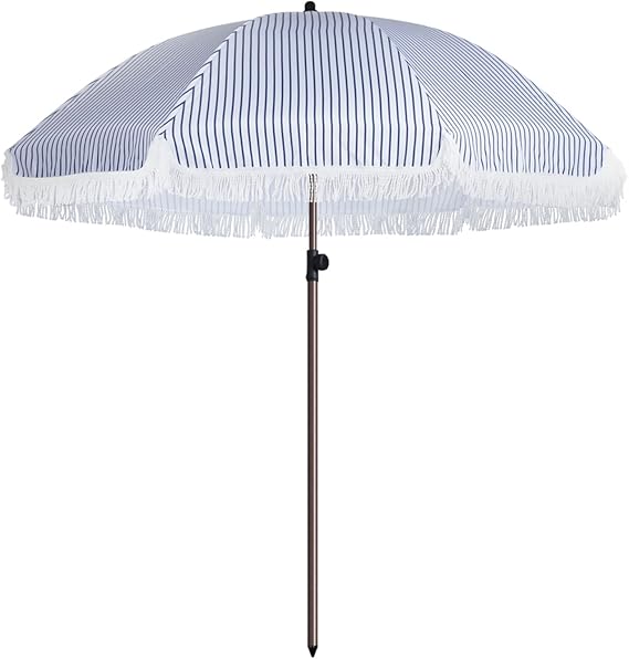 7.5Ft Patio Beach Umbrella with Fringe & Tassel, UPF50+ Push Button Tilt & Crank