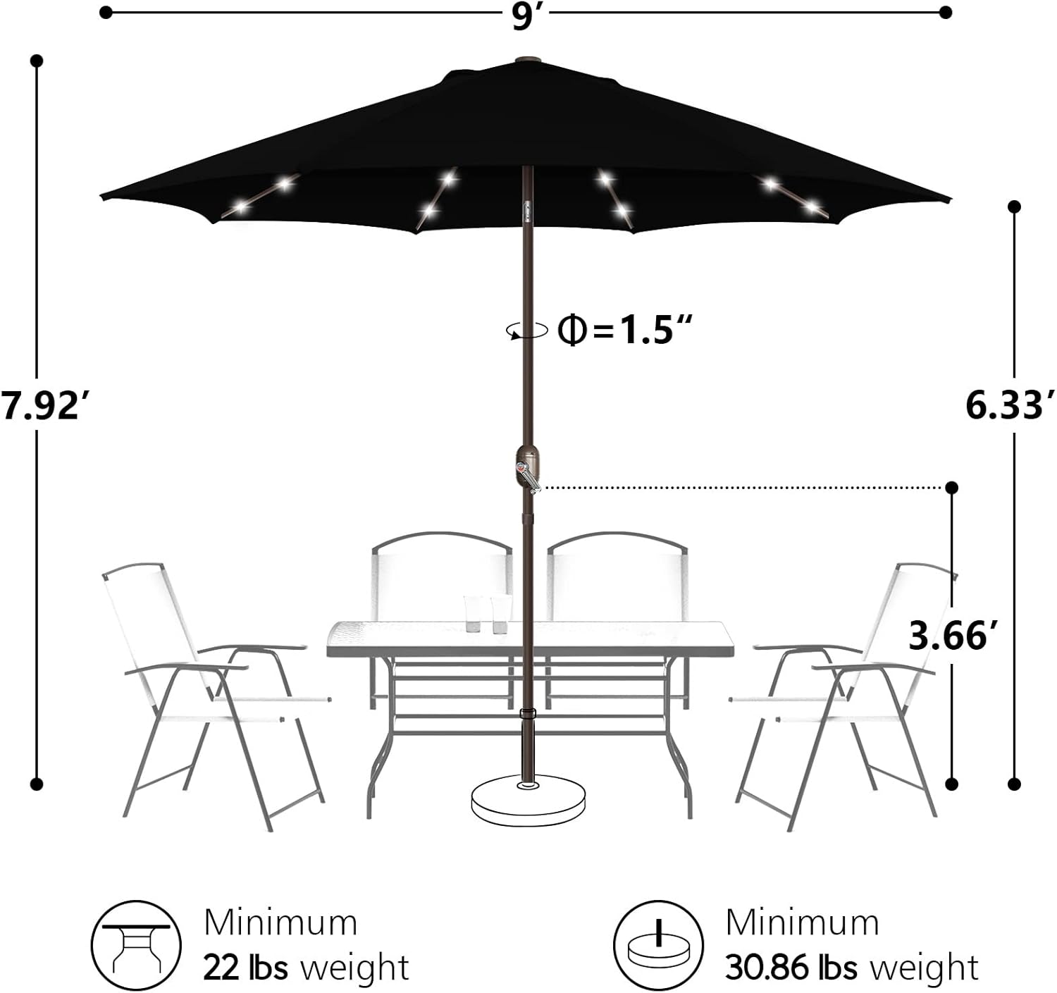 Patio Umbrella with Solar Lights, 9ft, 24 LED, Grass Green, Outdoor Umbrella with Push Bottom Tilt & Crank