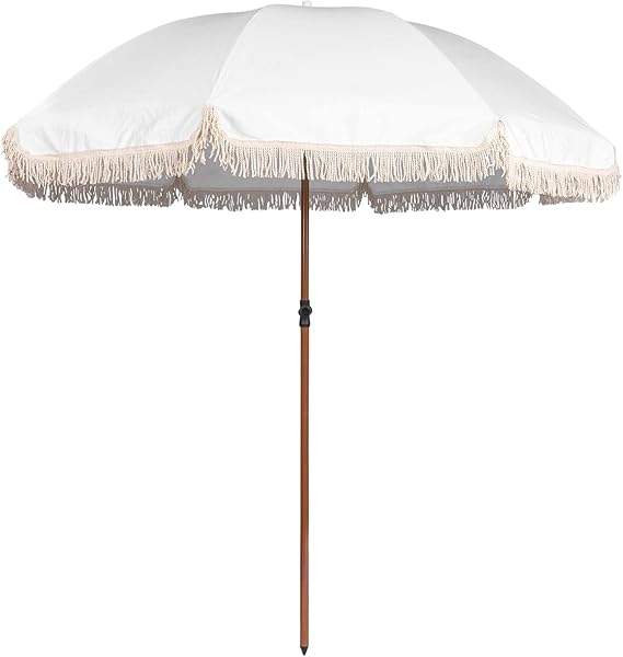 7.5Ft Patio Beach Umbrella with Fringe & Tassel, UPF50+ Push Button Tilt & Crank