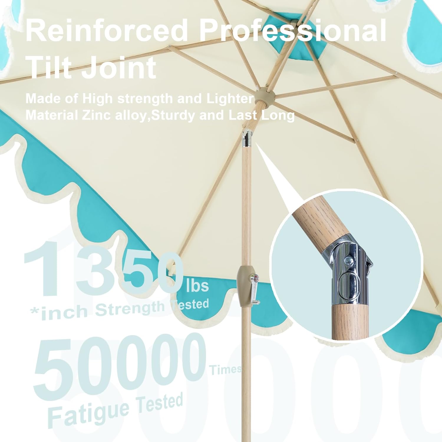 9ft Scalloped Beige Spliced Blue Patio Umbrellas with Fringe