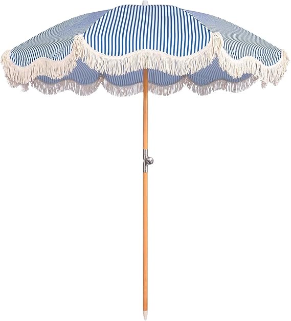 6.5ft Boho Beach Umbrella with Fringe, UPF 50+ Tassel Umbrellas with Carry Bag, Premium Wood Pole Foldable Patio Umbrella