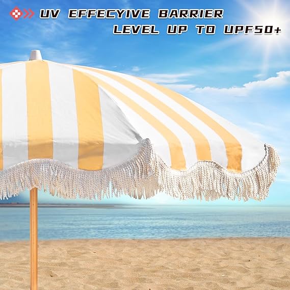 6.5ft Boho Beach Umbrella with Fringe, UPF 50+ Tassel Umbrellas with Carry Bag