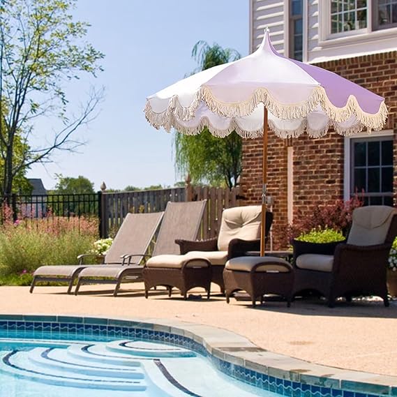 6.5ft Pagoda Beach Umbrella with Fringe, UPF 50+ Boho Umbrellas with Carry Bag