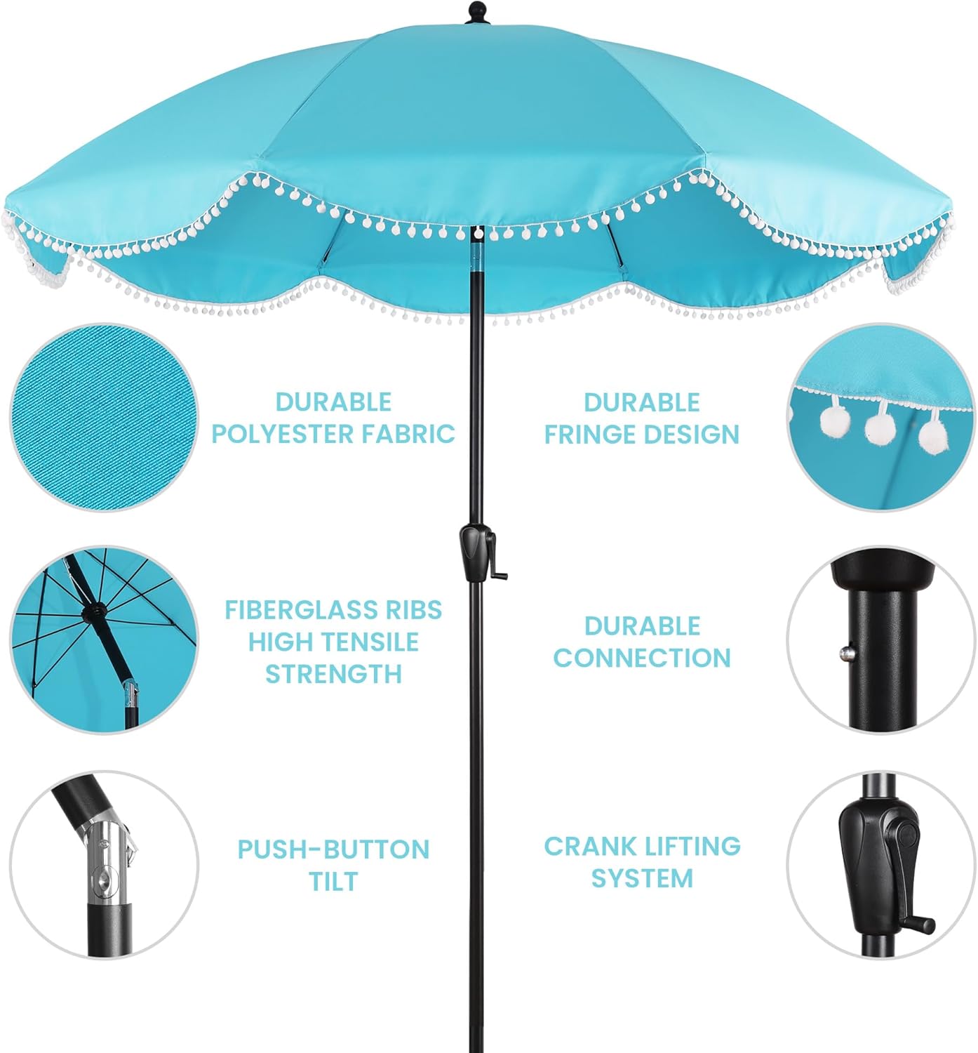 9' Patio Umbrella with Aqua Copy and White Fringe Accents