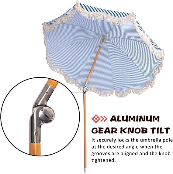 6.5ft Boho Beach Umbrella with Fringe, UPF 50+ Tassel Umbrellas with Carry Bag, Premium Wood Pole Foldable Patio Umbrella