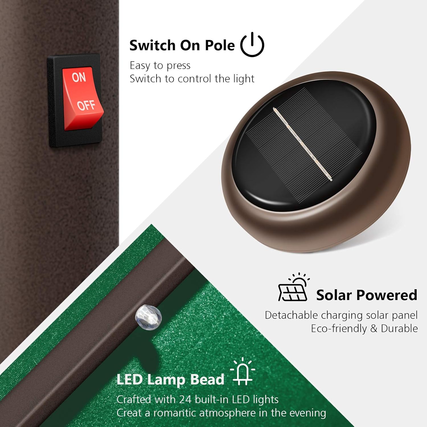 Patio Umbrella with Solar Lights, 9ft, 24 LED, Grass Green, Outdoor Umbrella with Push Bottom Tilt & Crank