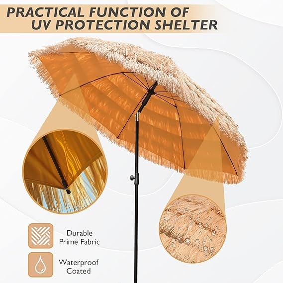 6.5ft/8ft Tiki Umbrella Outdoor Patio With Tilt - Hawaiian Tropical Palapa Beach, UPF 50+ Thatch Hut