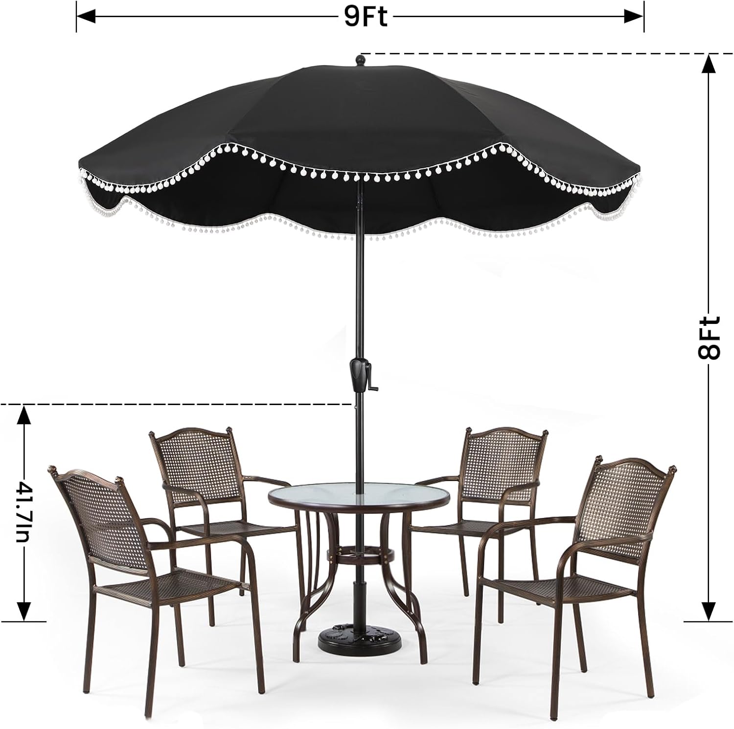 9' Patio Umbrella with Black Canopy and White Fringe Accents