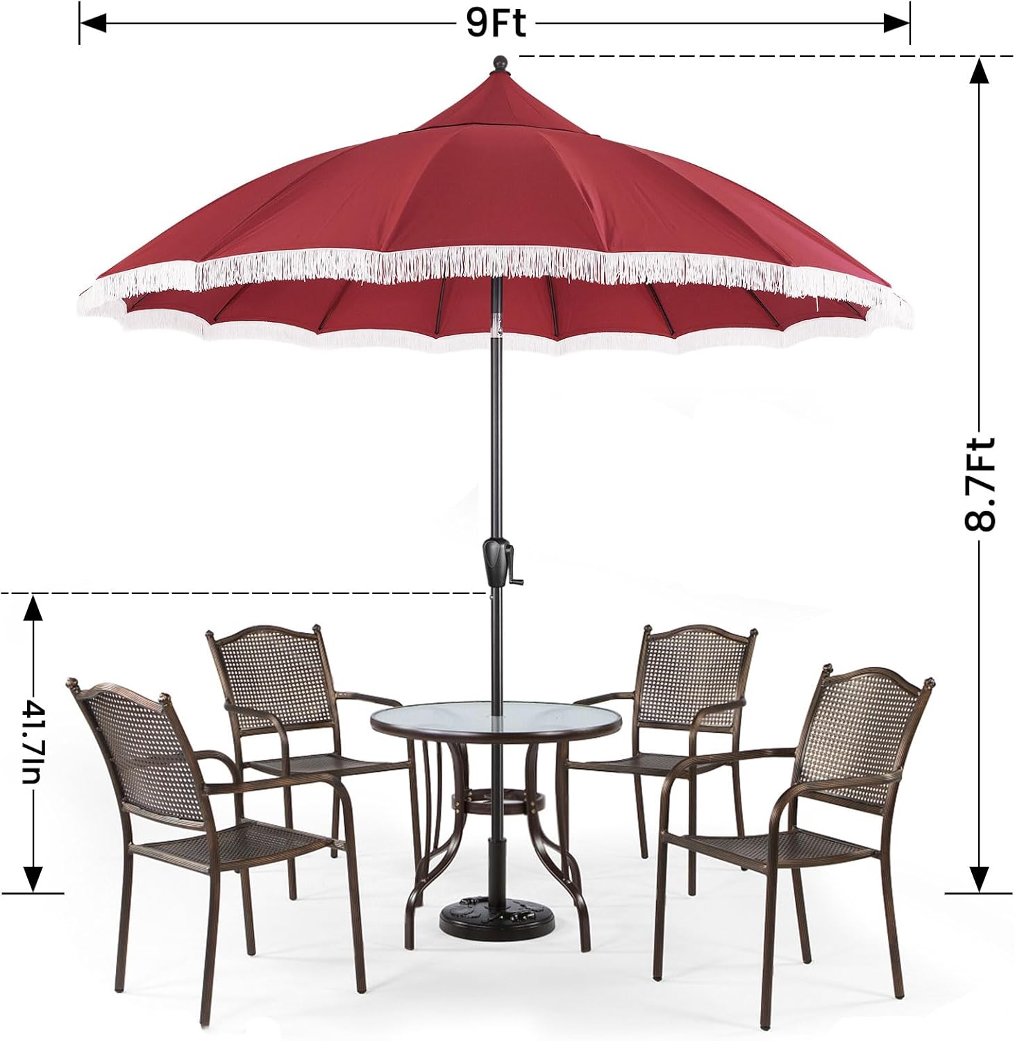 9' Patio Umbrella with Burgundy Canopy and White Fringe Accents