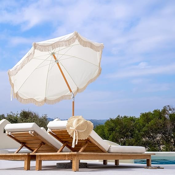 6.5ft Boho Beach Umbrella with Fringe, UPF 50+ Tassel Umbrellas with Carry Bag, Premium Wood Pole Foldable Patio Umbrella