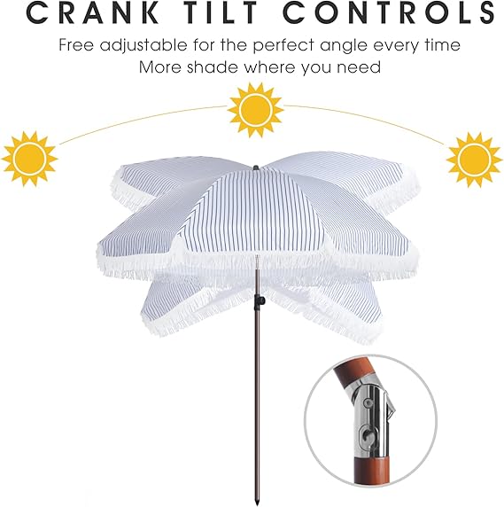 7.5Ft Patio Beach Umbrella with Fringe & Tassel, UPF50+ Push Button Tilt & Crank