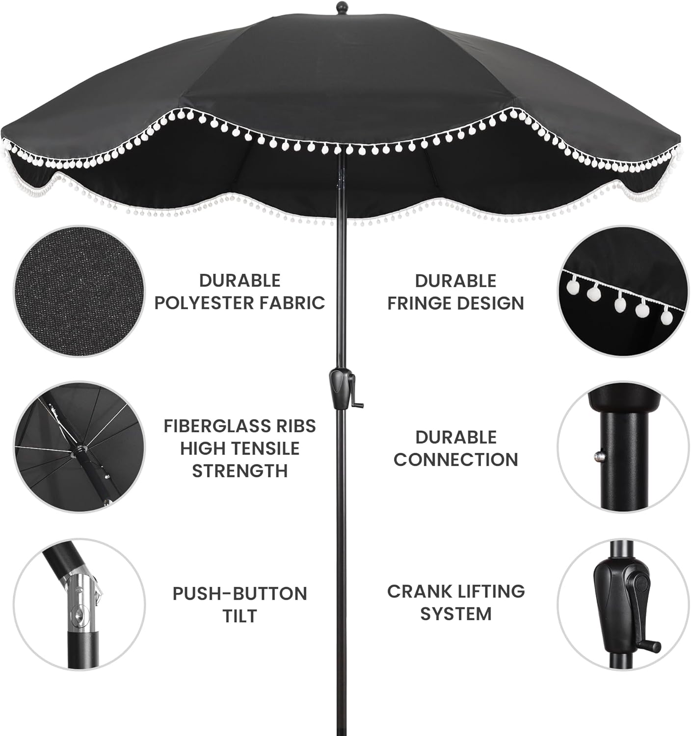 9' Patio Umbrella with Black Canopy and White Fringe Accents
