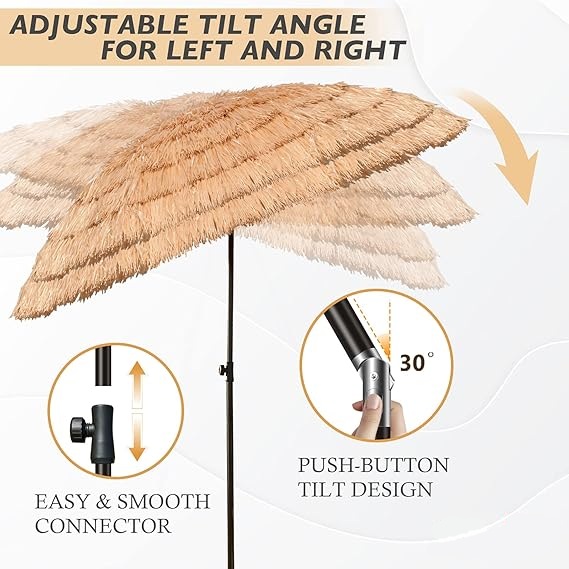 6.5ft/8ft Tiki Umbrella Outdoor Patio With Tilt - Hawaiian Tropical Palapa Beach, UPF 50+ Thatch Hut