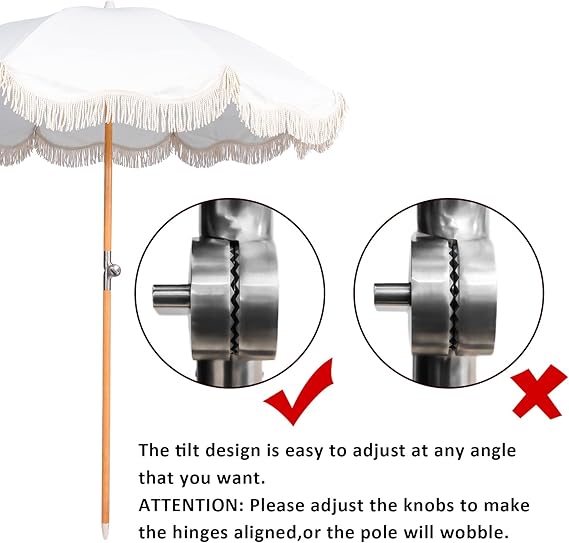 6.5ft Boho Beach Umbrella with Fringe, UPF 50+ Tassel Umbrellas with Carry Bag, Premium Wood Pole Foldable Patio Umbrella