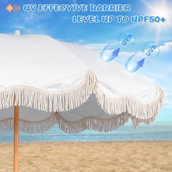 6.5ft Boho Beach Umbrella with Fringe, UPF 50+ Tassel Umbrellas with Carry Bag, Premium Wood Pole Foldable Patio Umbrella