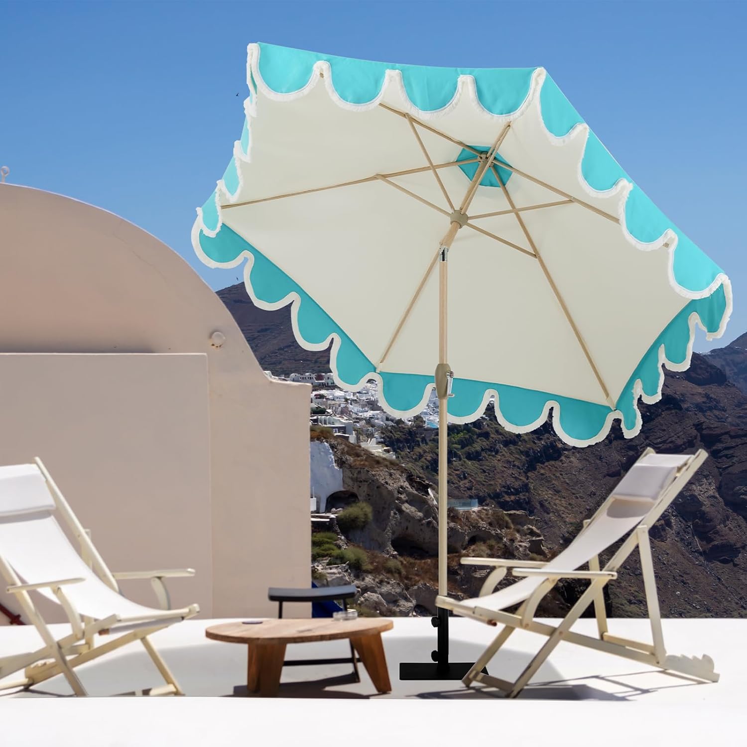 9ft Scalloped Beige Spliced Blue Patio Umbrellas with Fringe