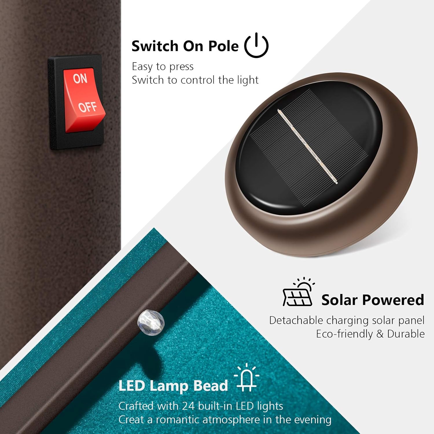 Patio Umbrella with Solar Lights, 9ft, 24 LED, Grass Green, Outdoor Umbrella with Push Bottom Tilt & Crank