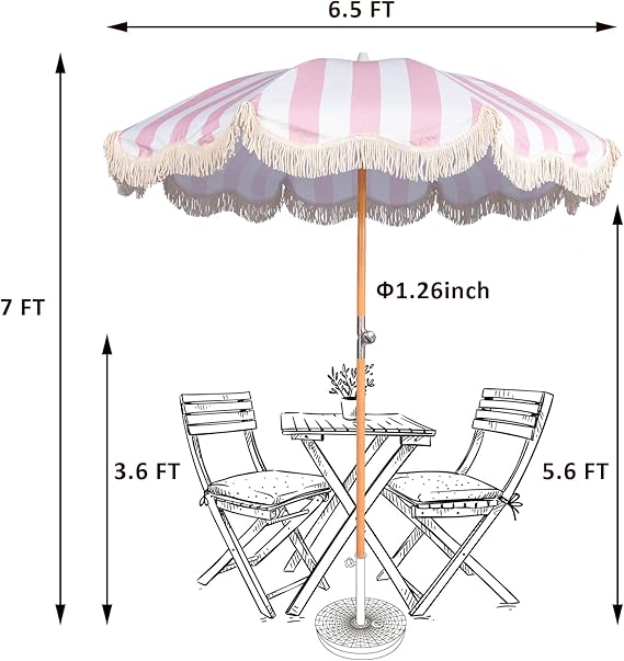 6.5ft Boho Beach Umbrella with Fringe, UPF 50+ Tassel Umbrellas with Carry Bag, Premium Wood Pole Foldable Patio Umbrella