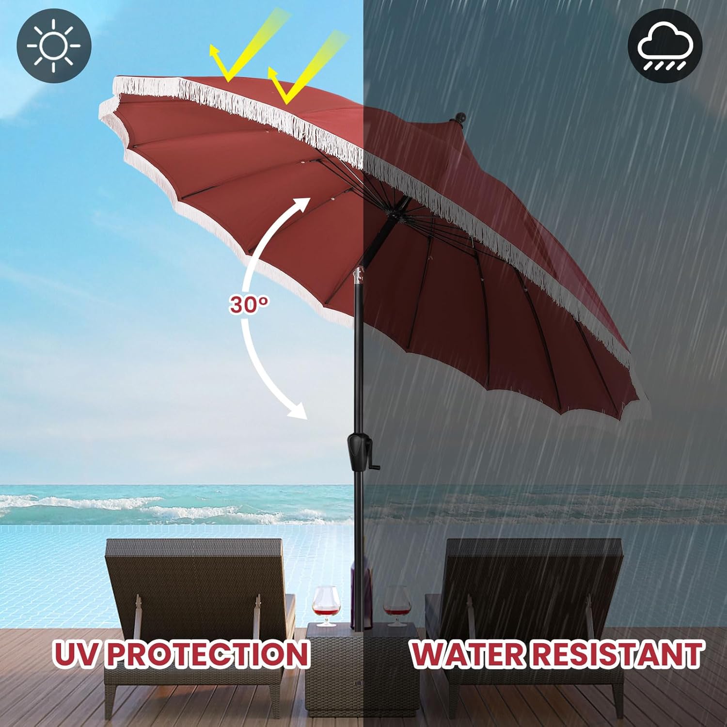 9' Patio Umbrella with Burgundy Canopy and White Fringe Accents