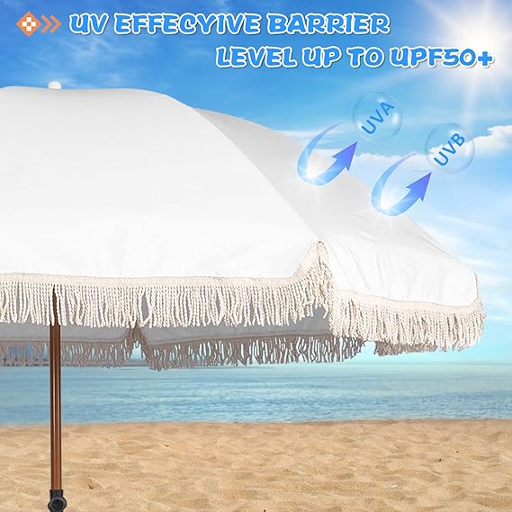 7.5Ft Patio Beach Umbrella with Fringe & Tassel, UPF50+ Push Button Tilt & Crank