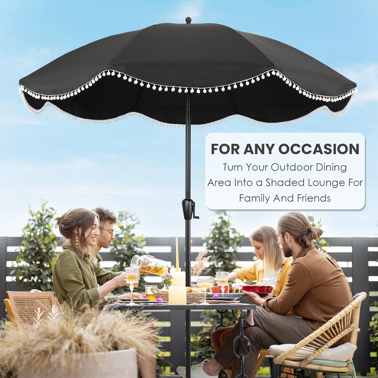 9' Patio Umbrella with Black Canopy and White Fringe Accents