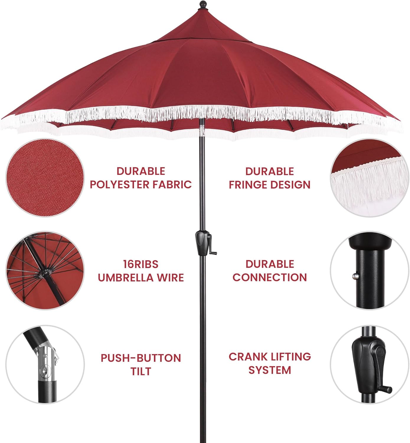 9' Patio Umbrella with Burgundy Canopy and White Fringe Accents