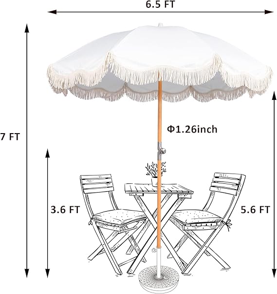 6.5ft Boho Beach Umbrella with Fringe, UPF 50+ Tassel Umbrellas with Carry Bag, Premium Wood Pole Foldable Patio Umbrella