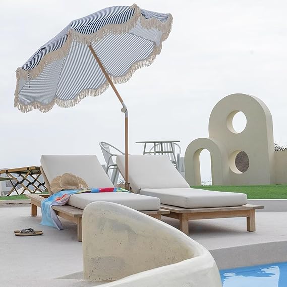 6.5ft Boho Beach Umbrella with Fringe, UPF 50+ Tassel Umbrellas with Carry Bag, Premium Wood Pole Foldable Patio Umbrella