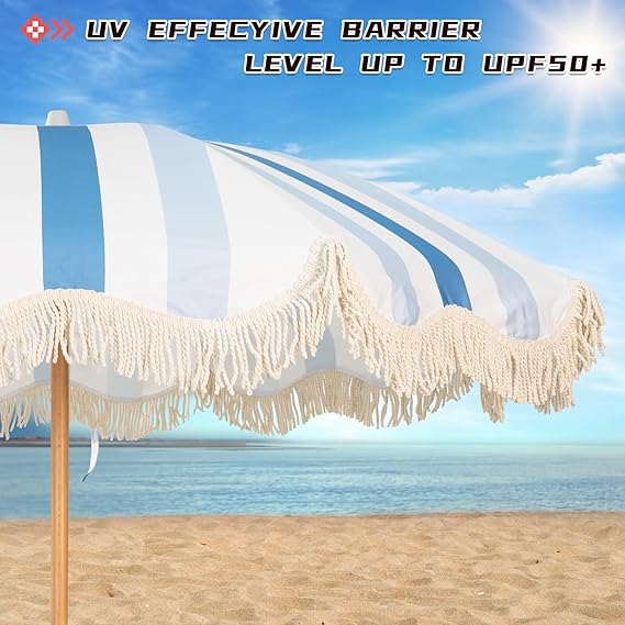6.5ft Boho Beach Umbrella with Fringe, UPF 50+ Tassel Umbrellas with Carry Bag
