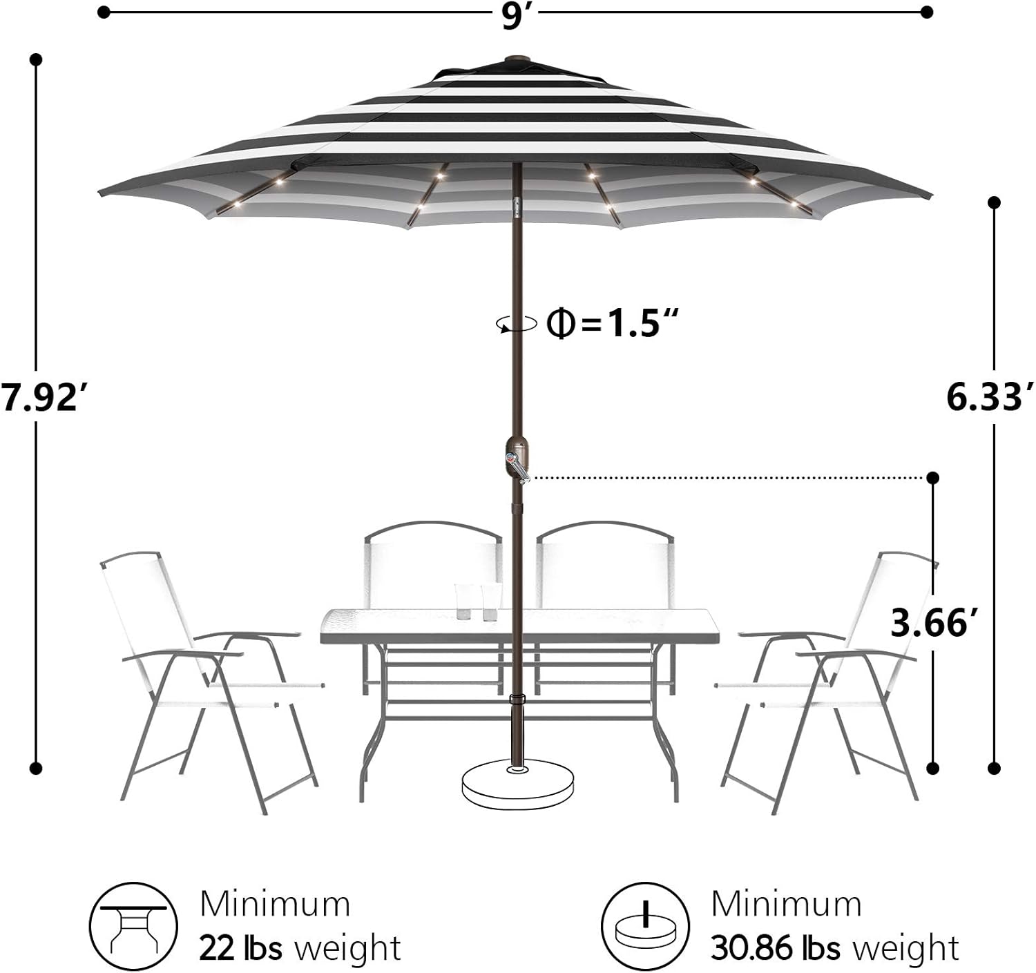 Patio Umbrella with Solar Lights, 9ft, 24 LED, Grass Green, Outdoor Umbrella with Push Bottom Tilt & Crank
