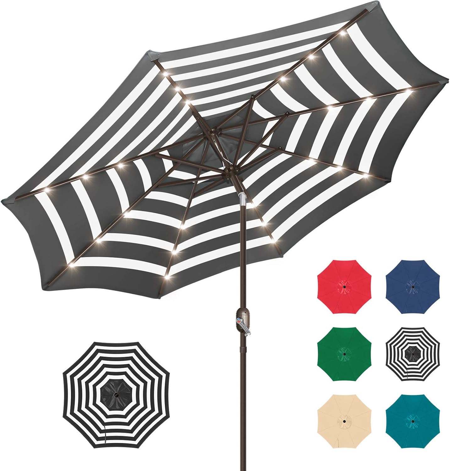 Patio Umbrella with Solar Lights, 9ft, 24 LED, Grass Green, Outdoor Umbrella with Push Bottom Tilt & Crank