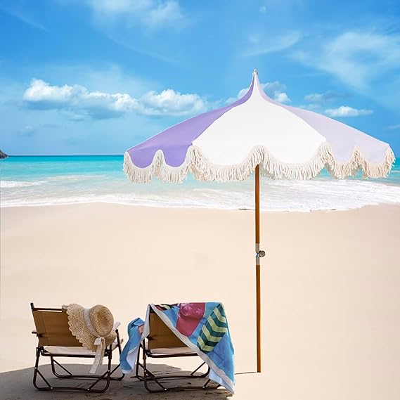 6.5ft Pagoda Beach Umbrella with Fringe, UPF 50+ Boho Umbrellas with Carry Bag