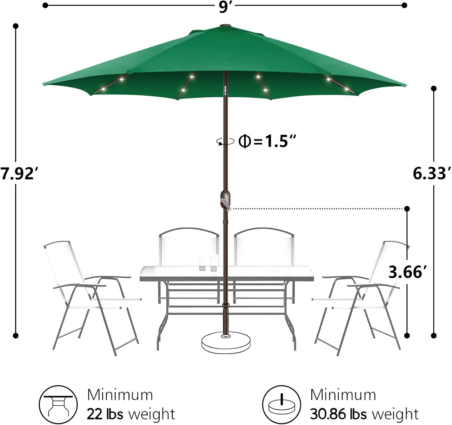 Patio Umbrella with Solar Lights, 9ft, 24 LED, Grass Green, Outdoor Umbrella with Push Bottom Tilt & Crank