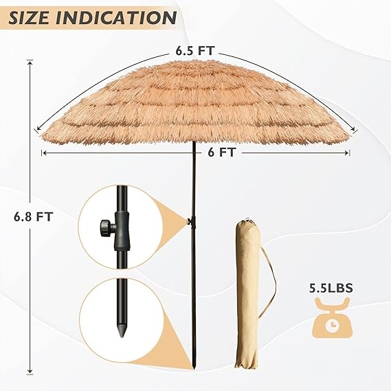 6.5ft/8ft Tiki Umbrella Outdoor Patio With Tilt - Hawaiian Tropical Palapa Beach, UPF 50+ Thatch Hut
