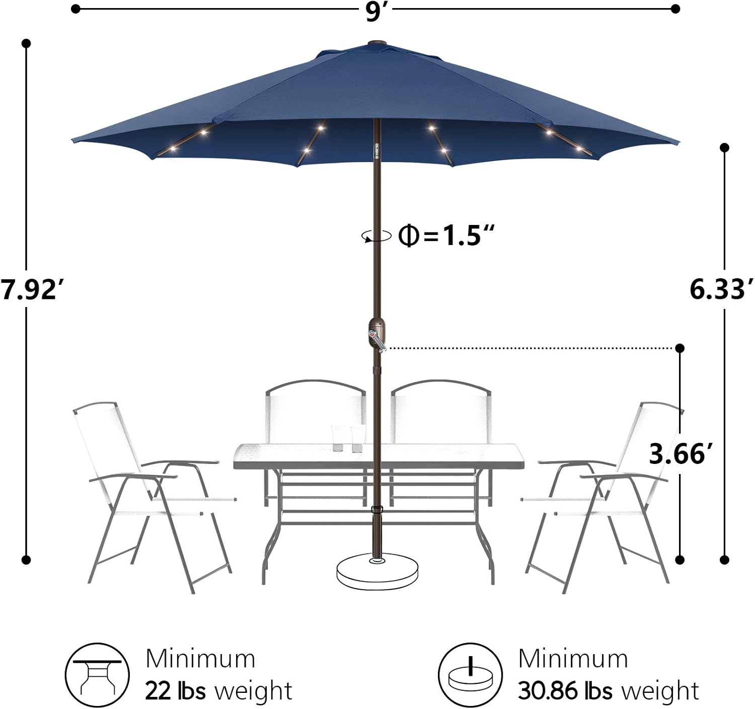 Patio Umbrella with Solar Lights, 9ft, 24 LED, Grass Green, Outdoor Umbrella with Push Bottom Tilt & Crank