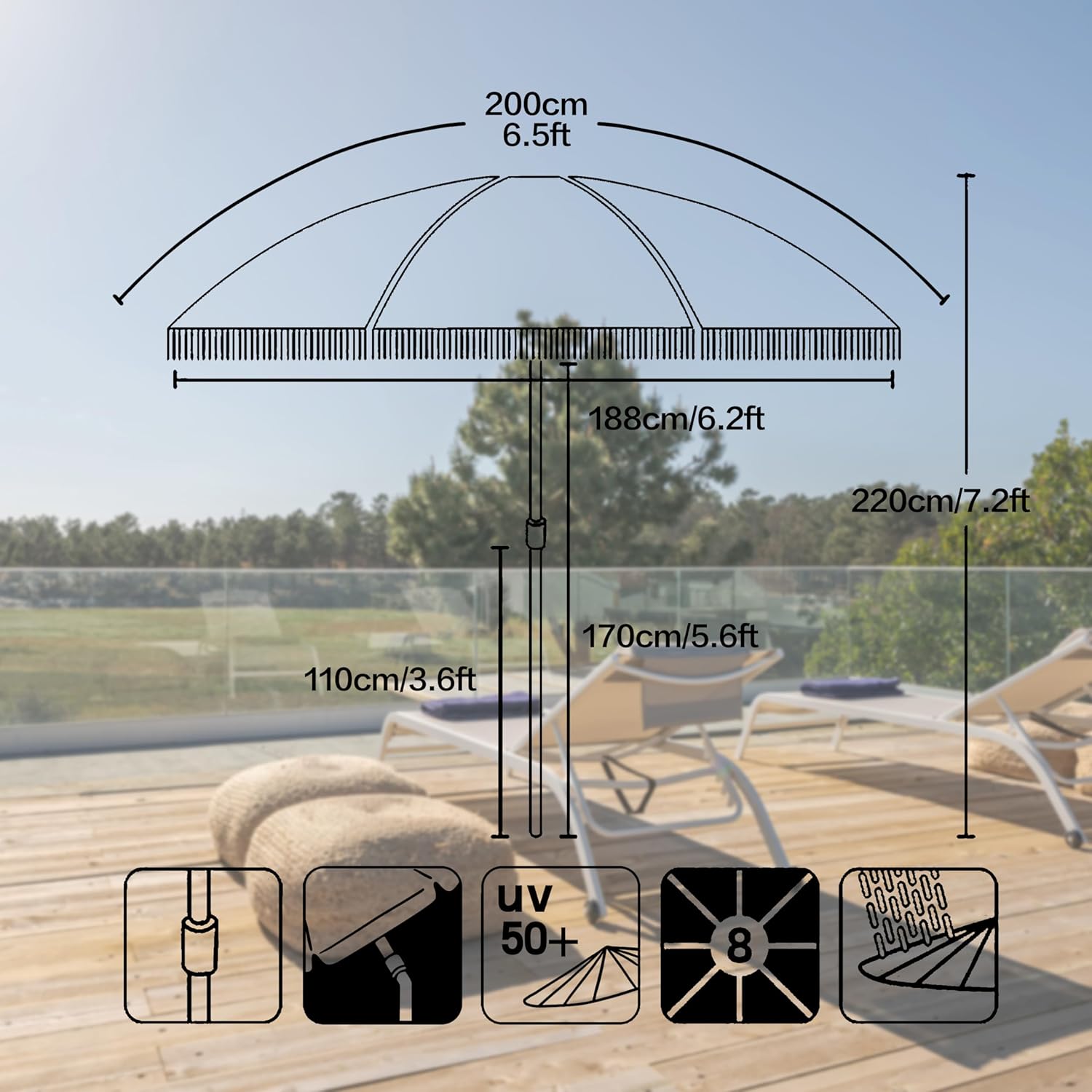 6.5ft Patio Umbrella with Fringe, Beach Umbrella, Fringe Umbrella Outdoor Patio with Hanging Hook