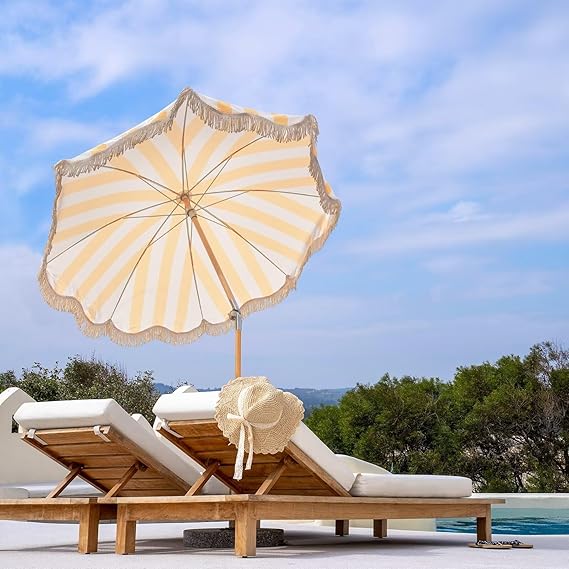 6.5ft Boho Beach Umbrella with Fringe, UPF 50+ Tassel Umbrellas with Carry Bag