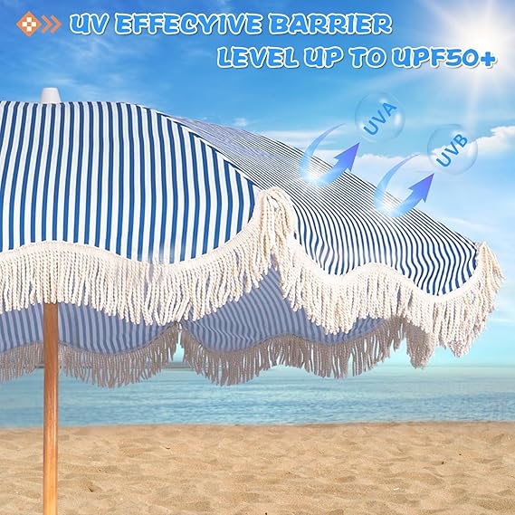 6.5ft Boho Beach Umbrella with Fringe, UPF 50+ Tassel Umbrellas with Carry Bag, Premium Wood Pole Foldable Patio Umbrella