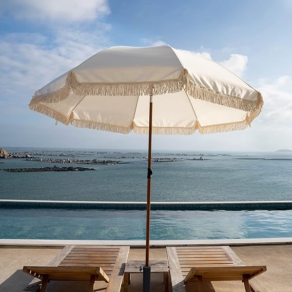 7.5Ft Patio Beach Umbrella with Fringe & Tassel, UPF50+ Push Button Tilt & Crank