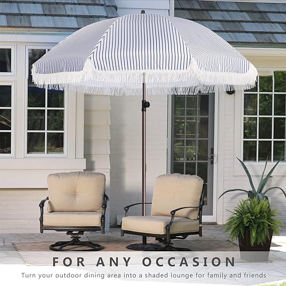 7.5Ft Patio Beach Umbrella with Fringe & Tassel, UPF50+ Push Button Tilt & Crank