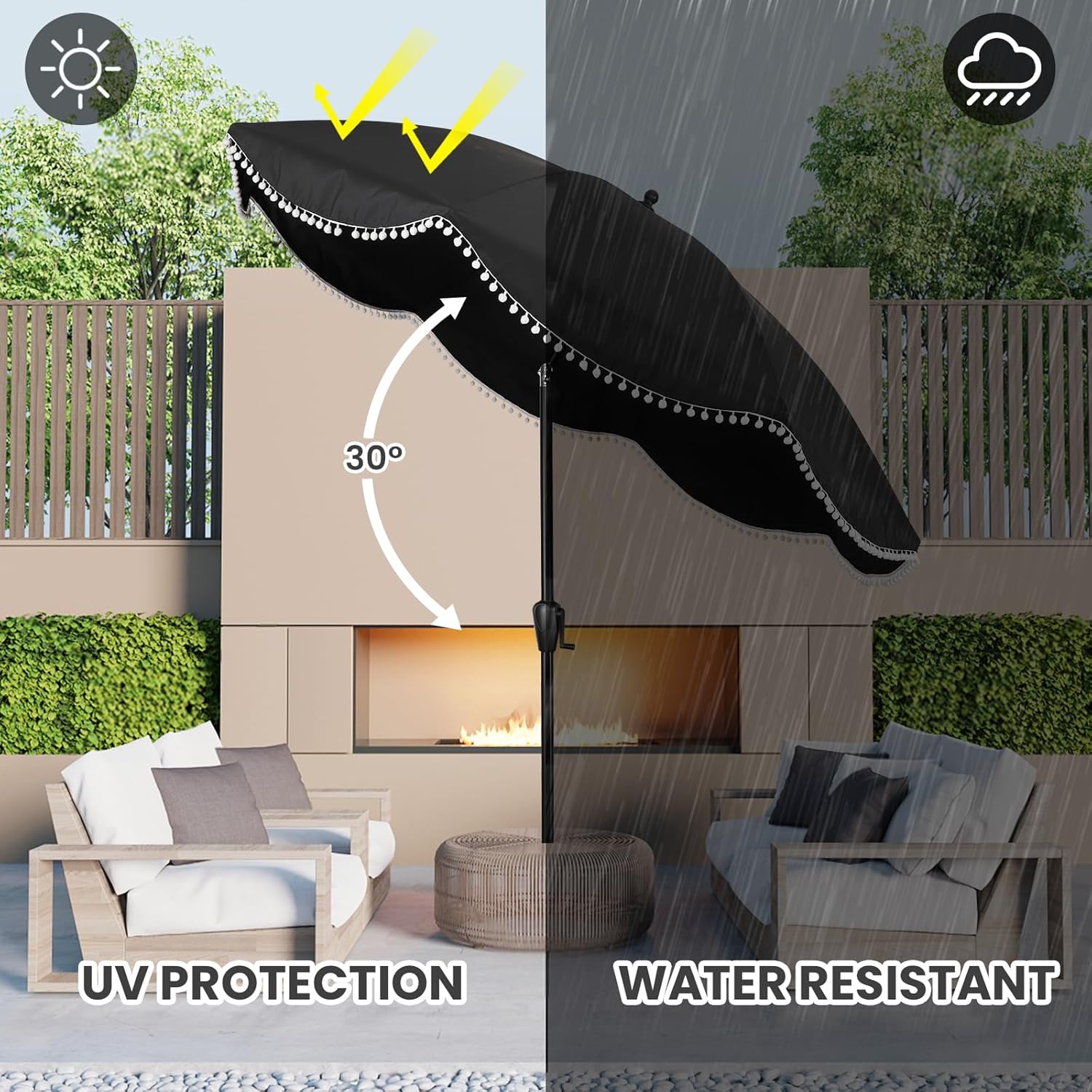 9' Patio Umbrella with Black Canopy and White Fringe Accents