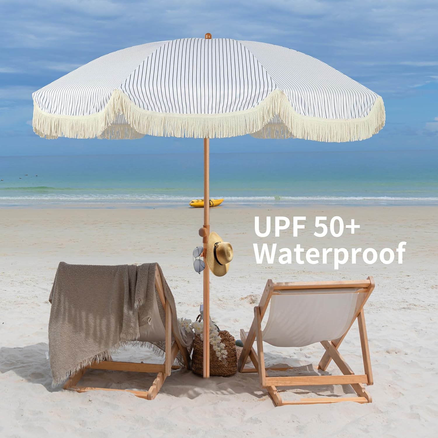 6.5ft Patio Umbrella with Fringe, Beach Umbrella, Fringe Umbrella Outdoor Patio with Hanging Hook