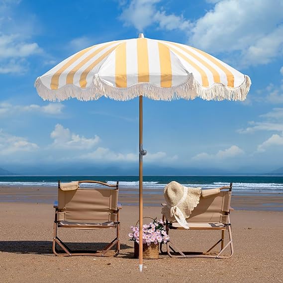 6.5ft Boho Beach Umbrella with Fringe, UPF 50+ Tassel Umbrellas with Carry Bag