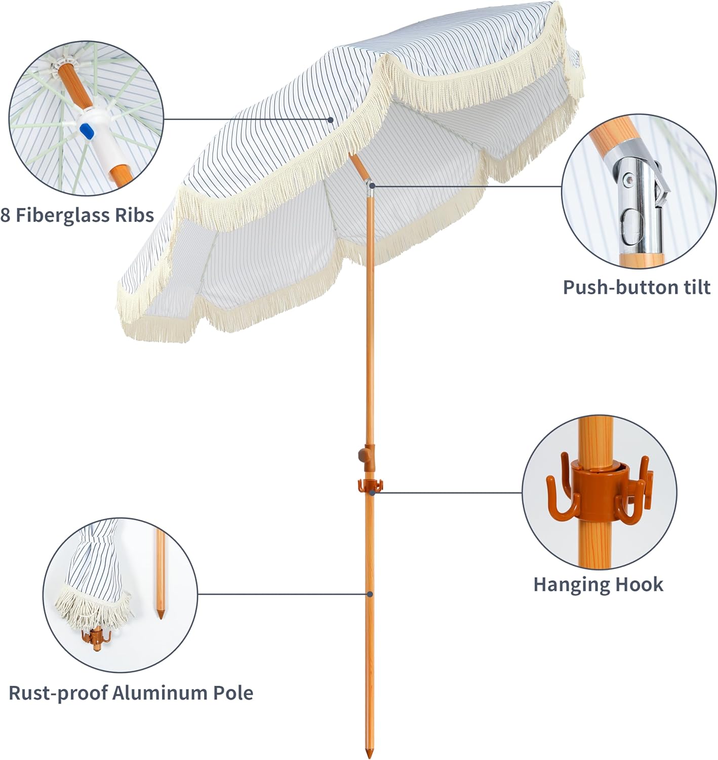 6.5ft Patio Umbrella with Fringe, Beach Umbrella, Fringe Umbrella Outdoor Patio with Hanging Hook