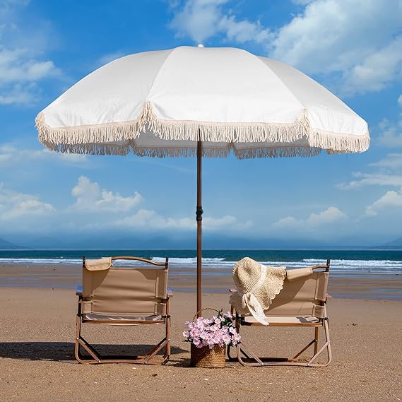 7.5Ft Patio Beach Umbrella with Fringe & Tassel, UPF50+ Push Button Tilt & Crank