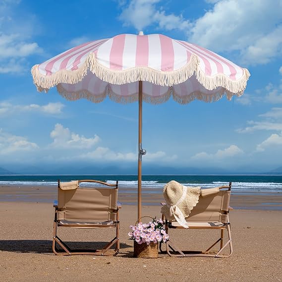 6.5ft Boho Beach Umbrella with Fringe, UPF 50+ Tassel Umbrellas with Carry Bag, Premium Wood Pole Foldable Patio Umbrella