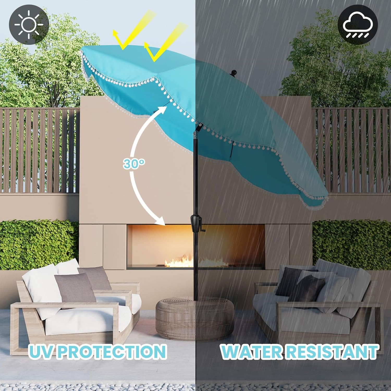 9' Patio Umbrella with Aqua Copy and White Fringe Accents