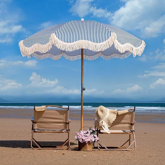 6.5ft Boho Beach Umbrella with Fringe, UPF 50+ Tassel Umbrellas with Carry Bag, Premium Wood Pole Foldable Patio Umbrella