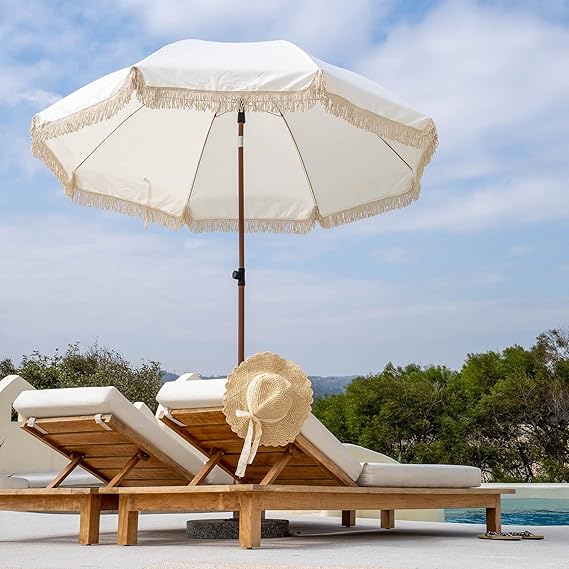 7.5Ft Patio Beach Umbrella with Fringe & Tassel, UPF50+ Push Button Tilt & Crank